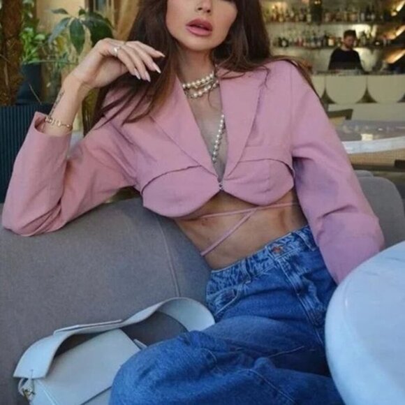 ZARA Cropped Stitch Detail Blazer Sz Medium Pink - Picture 2 of 9